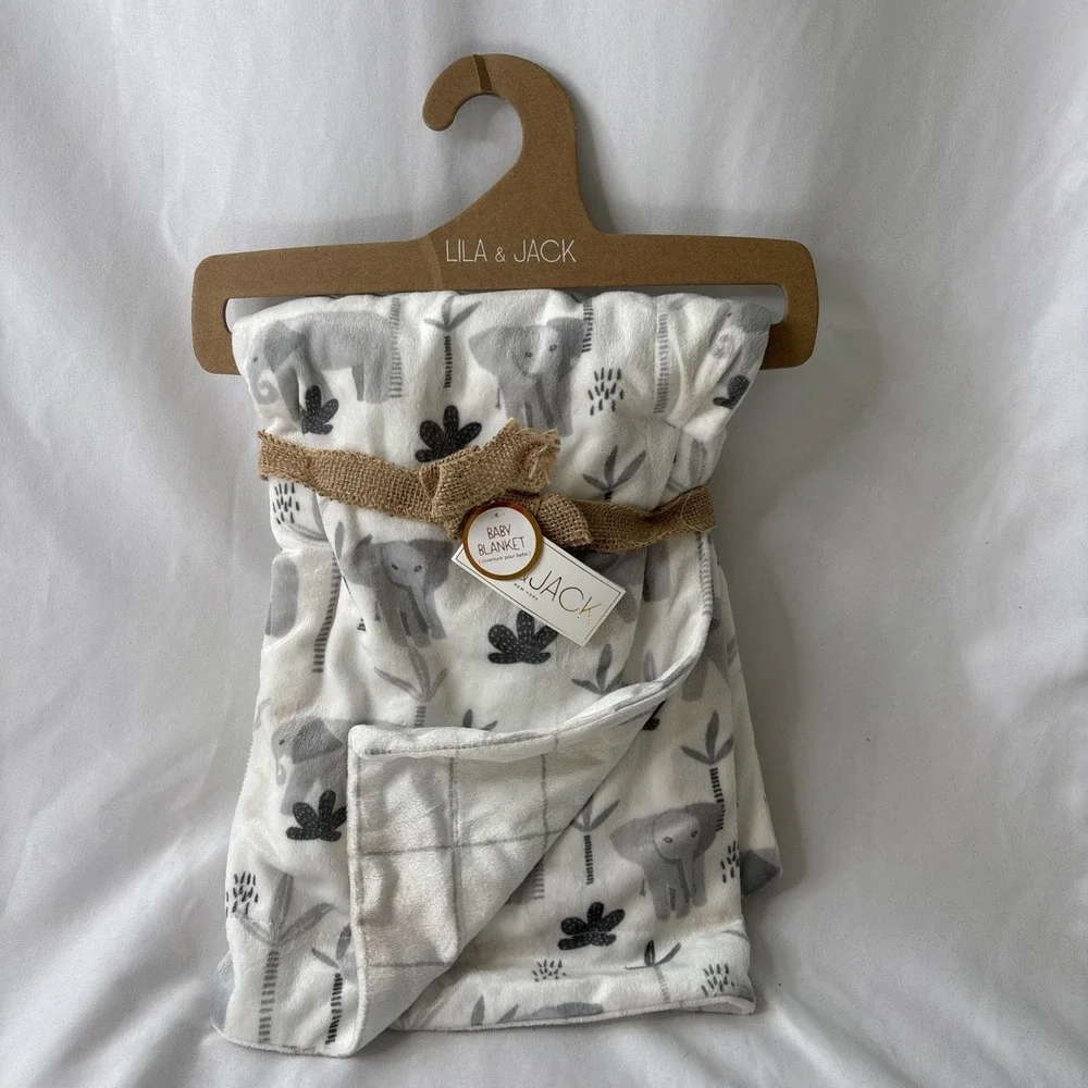 Lila & Jack Elephant Baby Blanket Plush White Gray Jungle Safari NWT